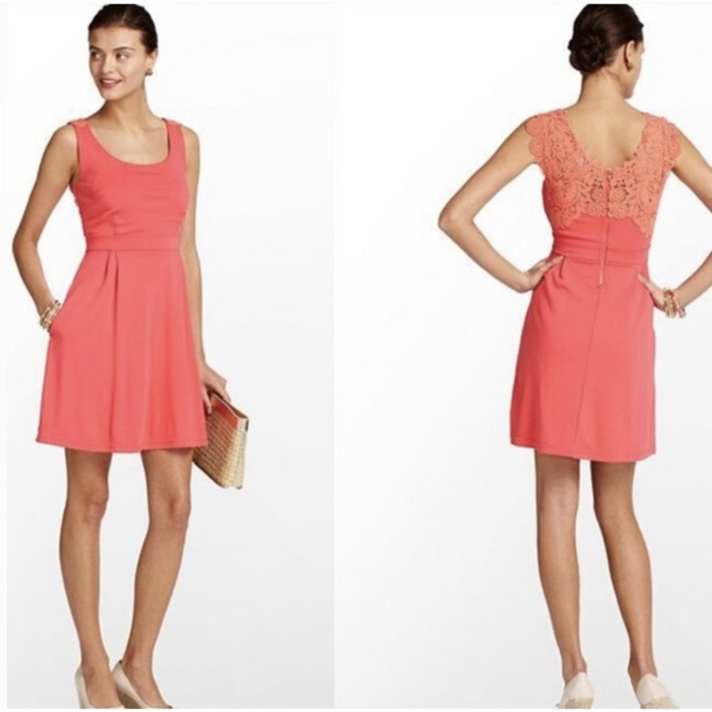 Lilly Pulitzer Monique Fit Flare Dress Island Coral Pink Crochet Back M 32527